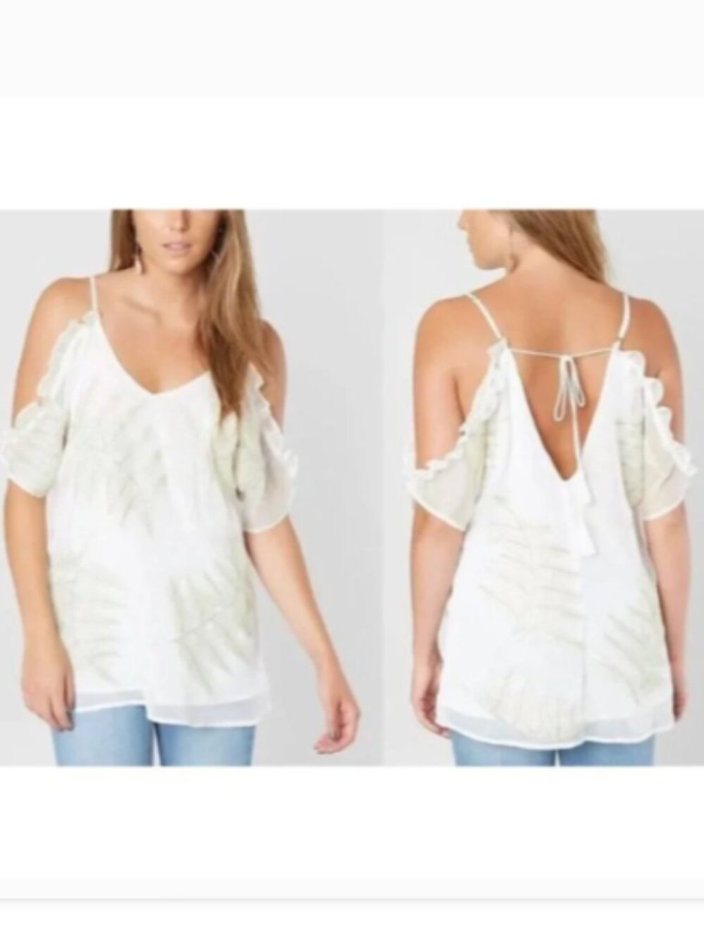 Gimmicks BKE Chiffon Embroidered Open Ruffle Shoulder Top L White 103N